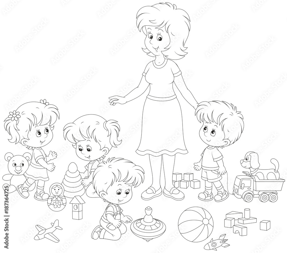 Little boys and girls playing with toys around their young and cute kindergarten teacher, a black and white vector illustration in cartoon style Little boys and girls playing with toys around their young and cute kindergarten teacher, a black and white vector illustration in cartoon style