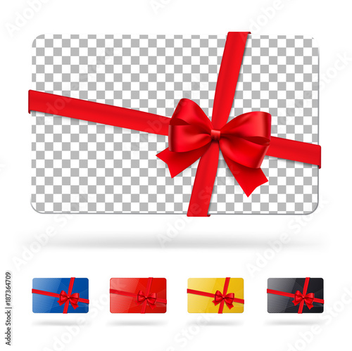 Mockup of gift cards with bow. Vector illustration isolated on white background, ready and simple to use for your design. The mock-up will make the presentation look as realistic as possible. 