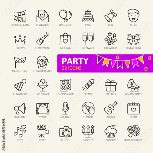 Party elements - minimal thin line web icon set. Outline icons collection. Simple vector illustration.