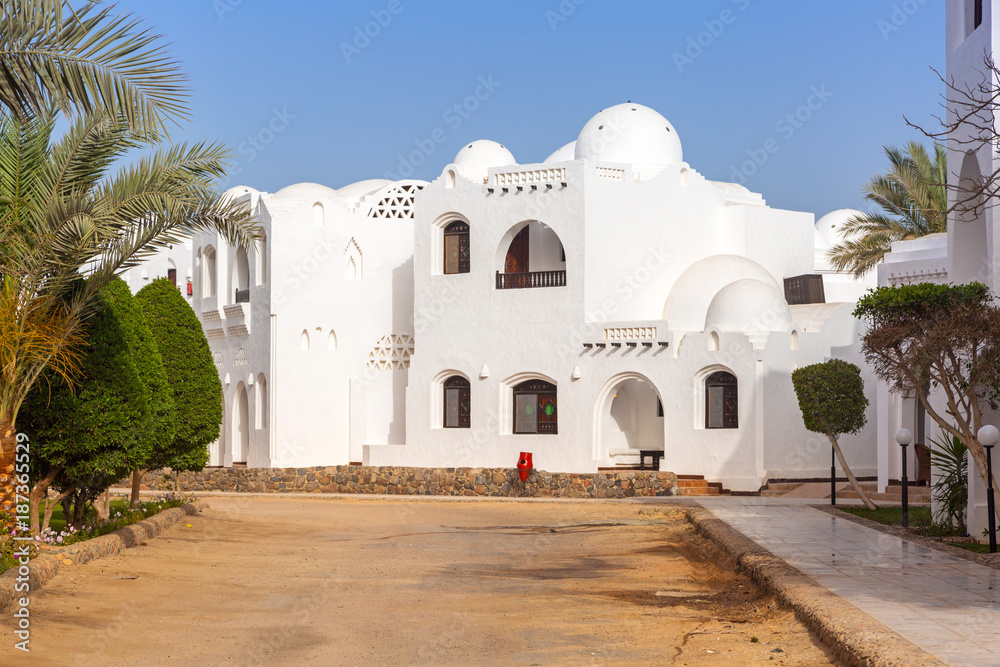 Traditional white egyptian architecture in Hurghada harbor