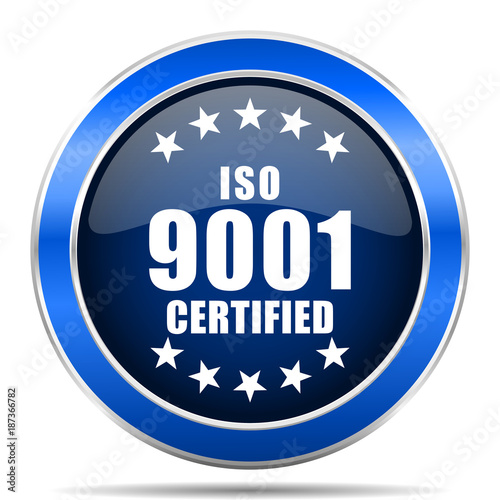 Iso 9001 vector icon. Modern design blue silver metallic glossy web and mobile applications button in eps 10
