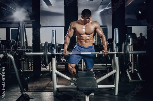 Handsome power athletic man on diet training pumping up muscles with dumbbell and barbell. Strong bodybuilder, perfect abs, shoulders, biceps, triceps and chest photo