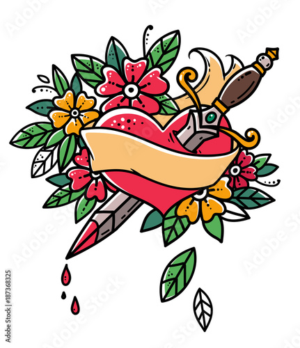 Heart pierced with dagger. Heart with ribbon and flowers. Heart bleeding. Retro tattoo. Old school retro illustration.