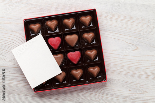 Valentines day greeting card over chocolate box