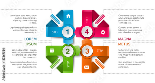 Vector business presentation layout, infographic workflow timeline background. Template with process data, pensil, phone media, communication icons, steps, options concept. Isolated illustration.