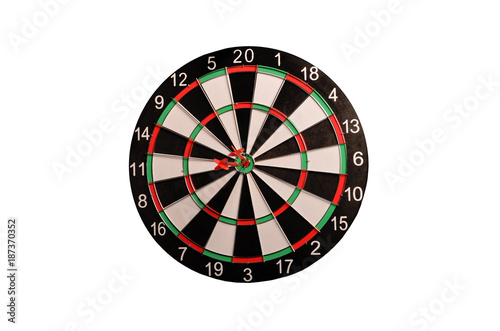 Dart in center of the target dartboard on a white background