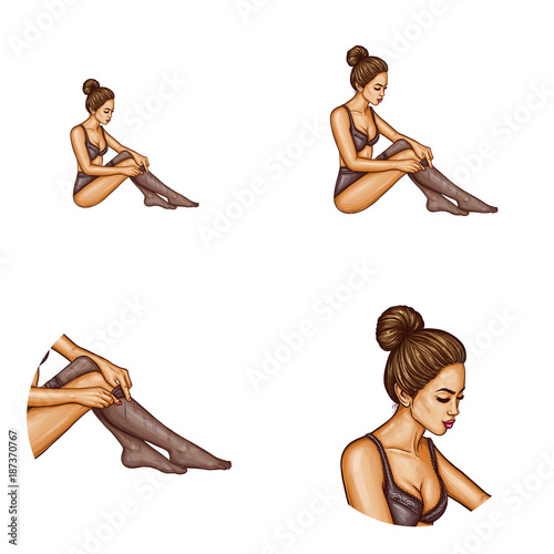 Vector pop art avatar, sexy brunette woman in black lingerie icon for chat, blog. Pin up avatar fashion model. Illustration with nylon, lacy tights, female underwear.