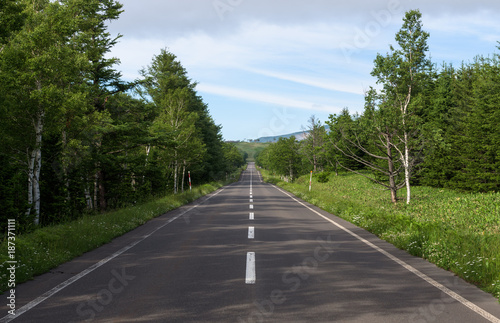 Scenic roads bending through the beautiful landscapes of Shiretoko National Park, Hokkaido, Japan