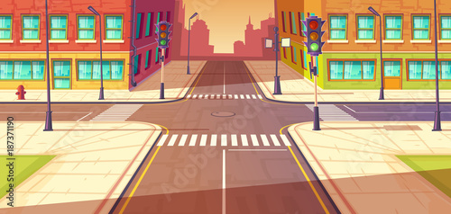 City crossroads, intersection vector cartoon illustration. Urban highway, crosswalk with traffic lights. Town buildings view.