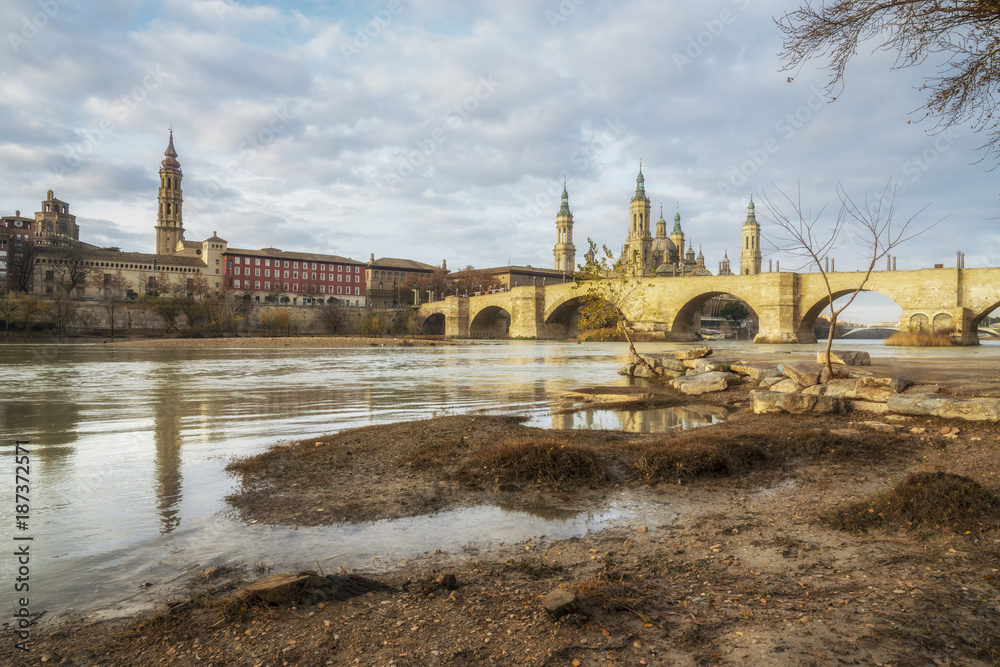 Panoramic view of Zaragoza on the Ebro River in winter, Spain. Panoramic view of Zaragoza on the Ebro River in winter, Spain.