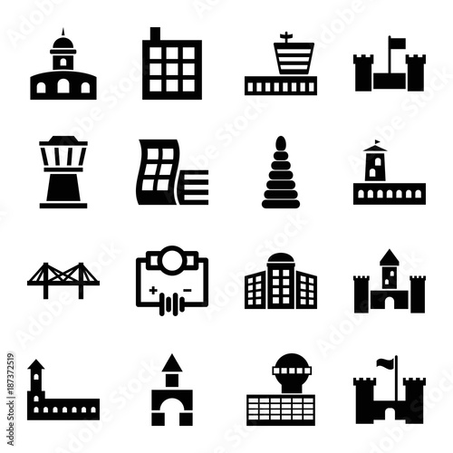 Tower icons. set of 16 editable filled tower icons