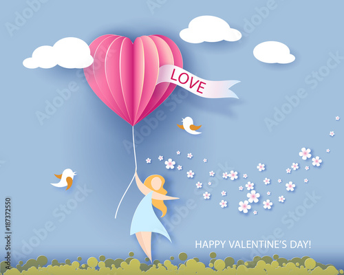 Card for Valentines day. Abstract background with text and flowers .Vector illustration. Paper cut and craft style. photo
