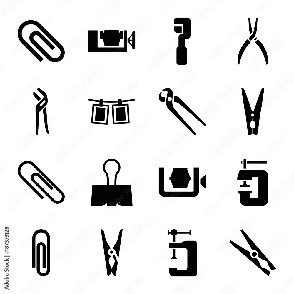 Clamp icons. set of 16 editable filled clamp icons