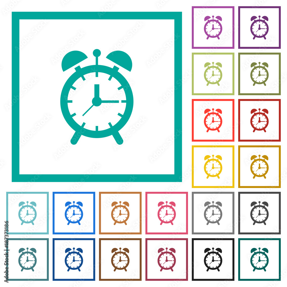 Alarm clock flat color icons with quadrant frames