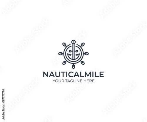 Ship wheel and anchor logo template. Line marine vector design. Nautical illustration