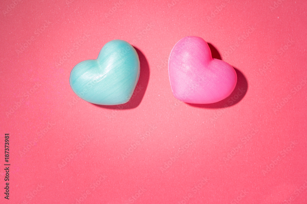 Couple of heart shape over red table. Romantic Valentine Day concept with copy space. Couple of heart shape over red table. Romantic Valentine Day concept with copy space.