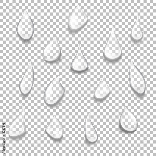 Set of transparent drops of different shapes.