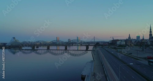 Wallpaper Mural Riga city Evening and Night time Old town Riga Drone flight over Roads and River Train Bridge Torontodigital.ca