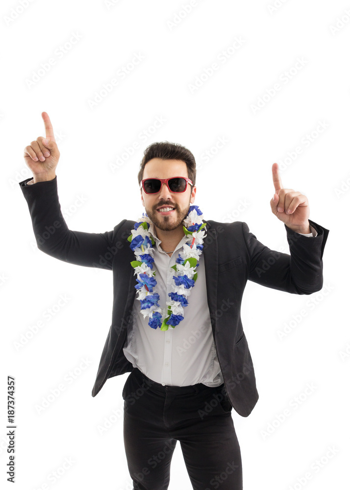 Man is dancing. bearded person wears black jacket and white shirt. Isolated.. Man is dancing. bearded person wears black jacket and white shirt. Isolated..
