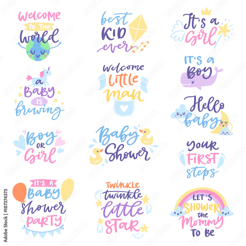 Baby shower sign vector boy or girl newborn kids birth party lettering