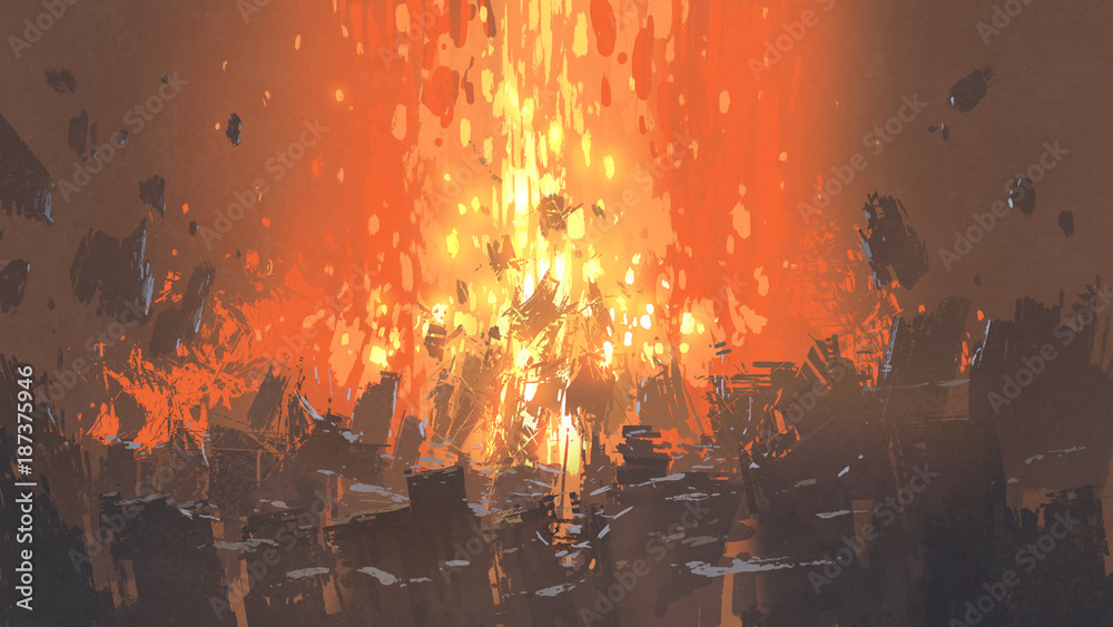 Fototapeta scena apokaliptycznej eksplozji z wieloma fragmentami budynków, cyfrowy styl artystyczny, malarstwo ilustracyjne