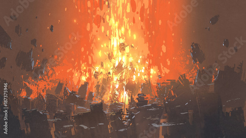 scene of apocalyptic explosion with many fragment of buildings, digital art style, illustration painting