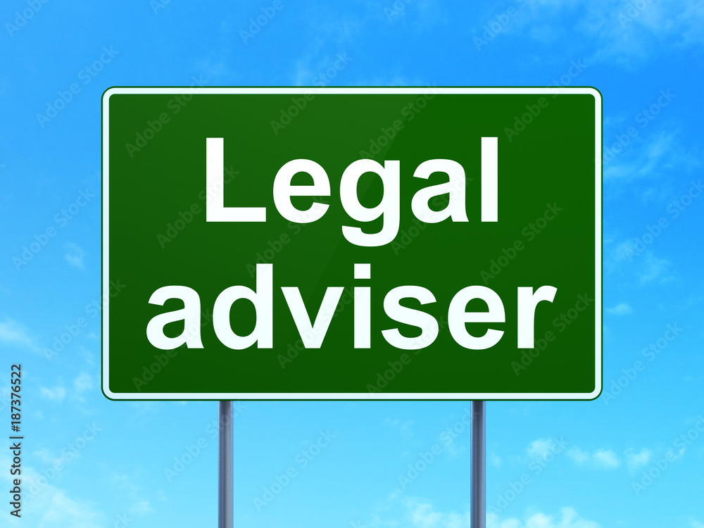 Law concept: Legal Adviser on green road highway sign, clear blue sky background, 3D rendering Law concept: Legal Adviser on green road highway sign, clear blue sky background, 3D rendering