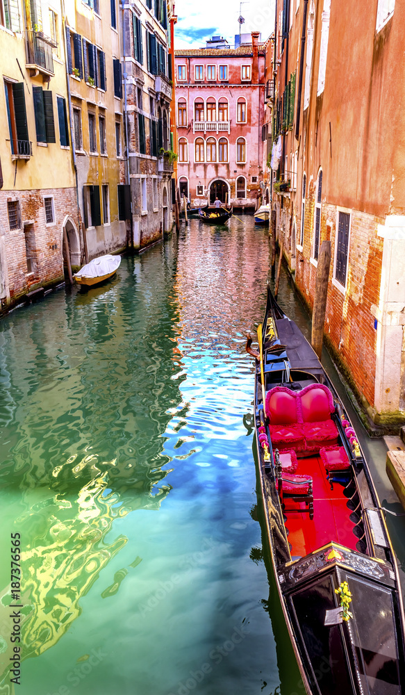 Small Side Canal Bridge Red Gondola Venice Italy