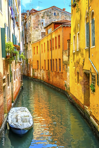 Gondola Touirists Colorful Small Side Canal Bridge Venice Italy photo