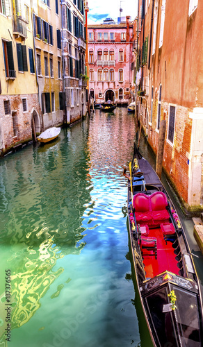 Small Side Canal Bridge Red Gondola Venice Italy © Bill Perry