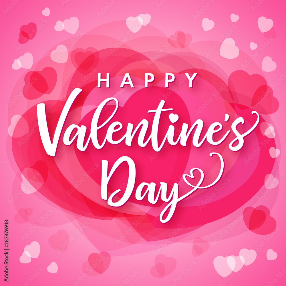 Valentines Day lettering calligraphy for pink hearts background. Greeting card template with text happy valentine`s day and hearts on pink background. Vector illustration