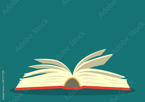 Open book on teal background. Education vector illustration with place for your text.