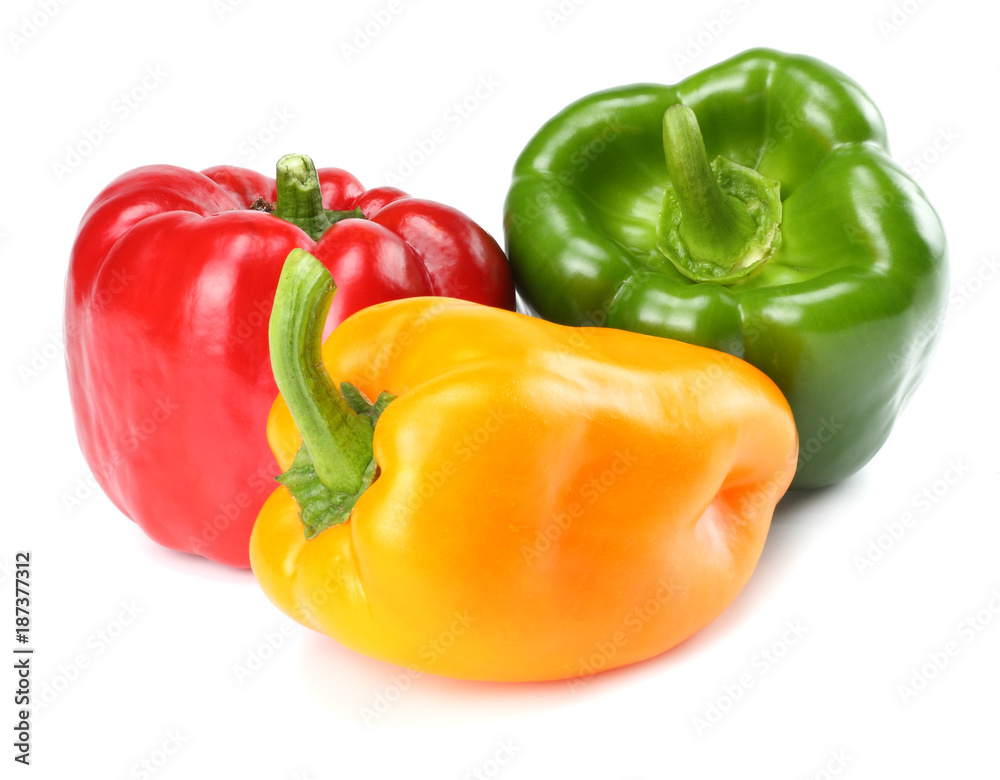 three green, red, yellow sweet bell peppers isolated on white background three green, red, yellow sweet bell peppers isolated on white background