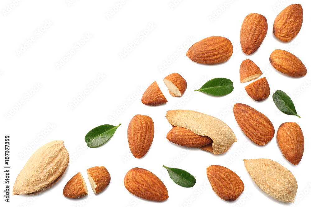 almonds isolated on white background top view