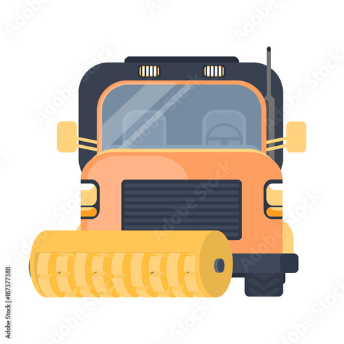 Street sweeper machine or street cleaner car. Snow removal car or machine for highway service. Snow grooming machine. Flat vector illustration.