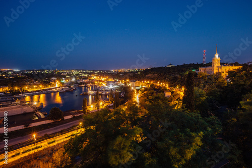 Night Aerial view of Sevastopol, Crimea. Harbor, cargo ships