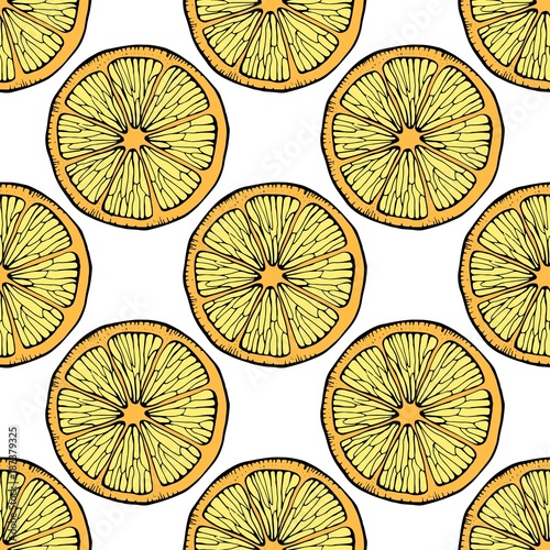 Vector seamless pattern with hand drawn lemons with branch, lemon blossom, citrus slices and leaves. Sketch background with sour fruit illustration