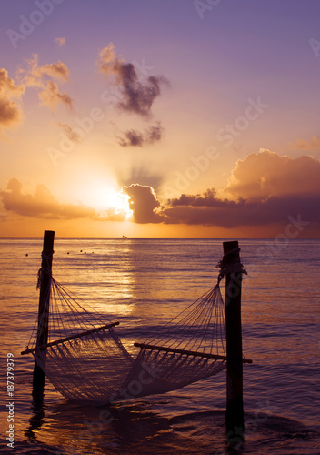 Hammock over water at sunset vertical