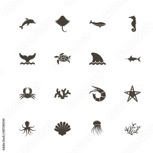 Marine Life icons. Perfect black pictogram on white background. Flat simple vector icon. © Valentyna
