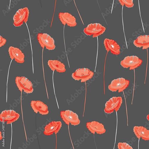 Red poppies seamless pattern. Vector illustration on dark grey background