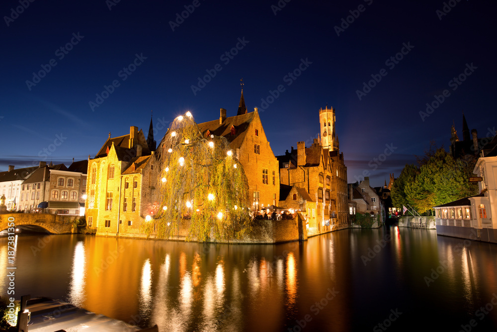Historic Medieval City of Bruges with River Canal at Dusk, Belgium Historic Medieval City of Bruges with River Canal at Dusk, Belgium