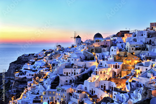 Oia Village at Sunset on Santorini Island Greece