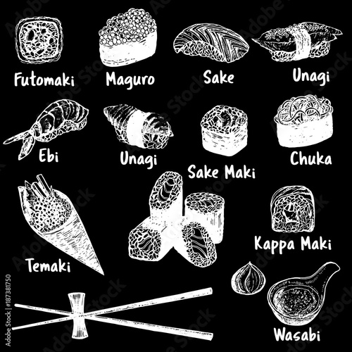 Hand drawn sketch style set of sushi. Vector illustration isolated on black background.