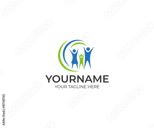 Happy family logo template. People hands up vector design. Joy illustration