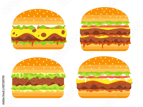 Set of hamburgers isolated on white. Vector illustration