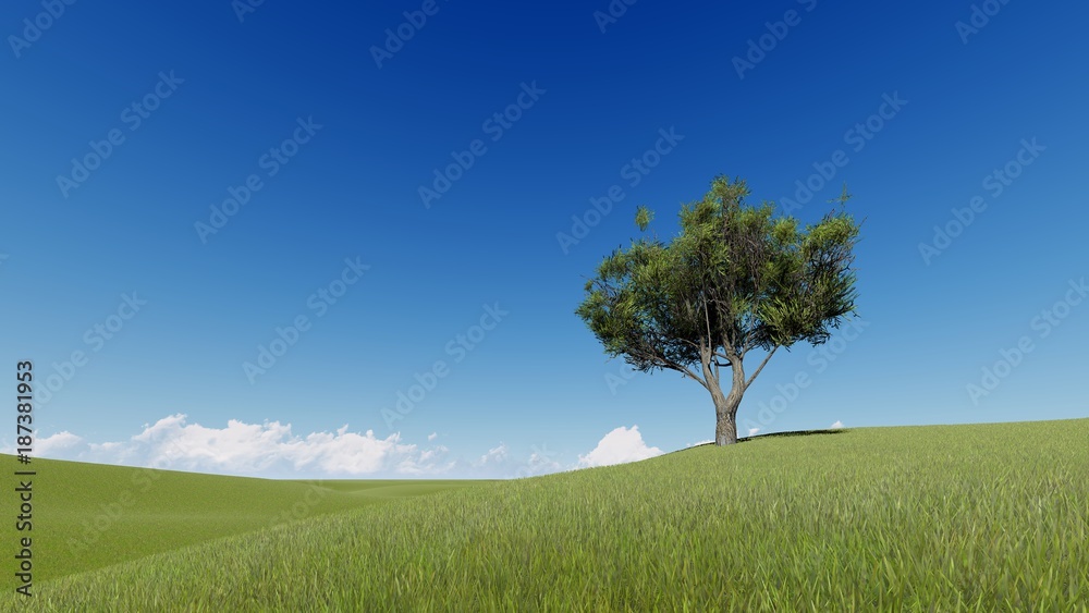 Stunning landscape with a single tree 3D render Stunning landscape with a single tree 3D render