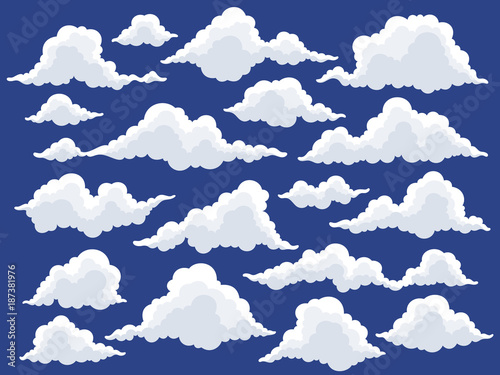 Set of cartoon clouds in blue sky. Fluffy cloud vector illustration