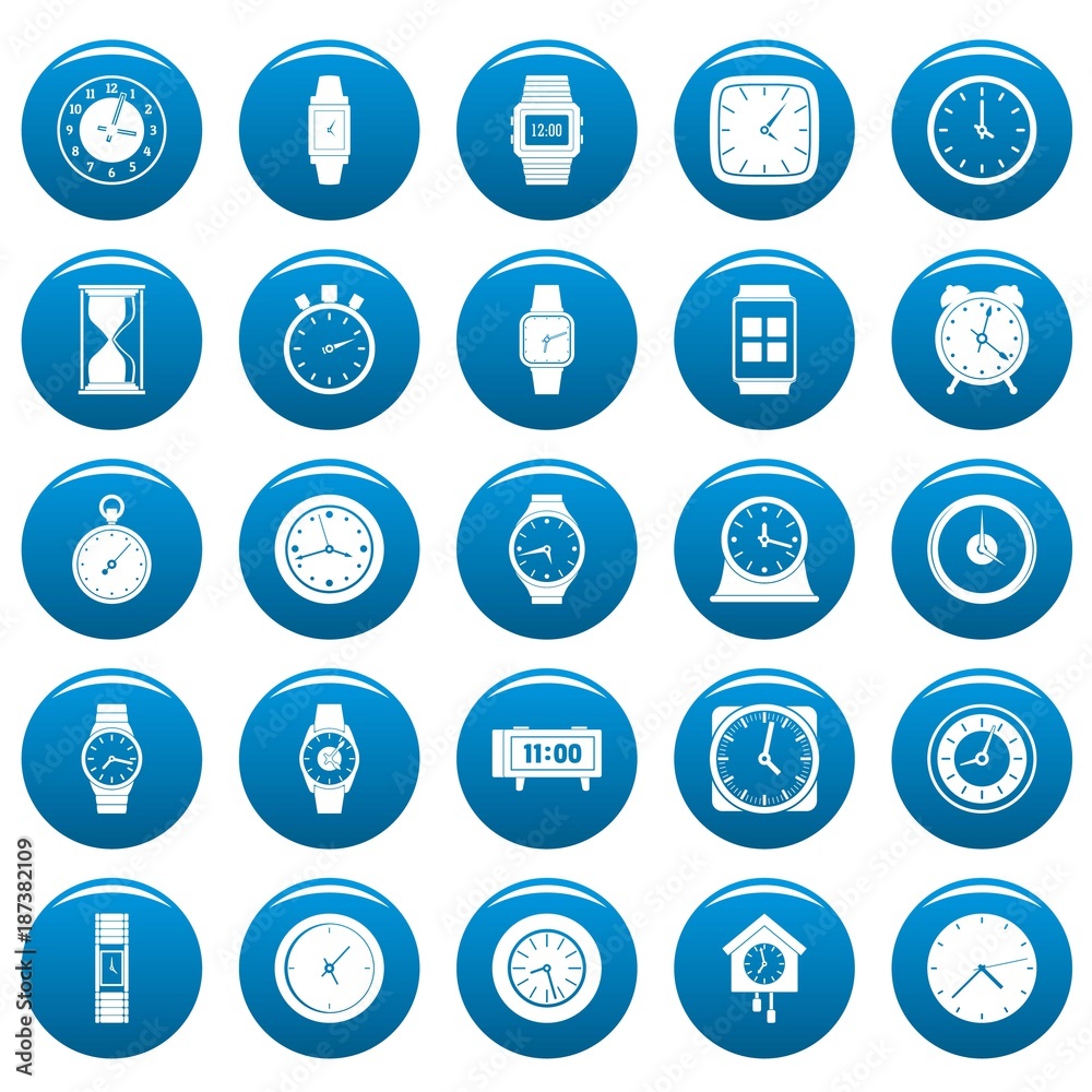 Time and clock icons set blue. Simple illustration of 25 time clock vector icons for web Time and clock icons set blue. Simple illustration of 25 time clock vector icons for web