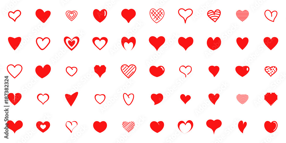 Fototapeta Zestaw ikon kształtów czerwone serce projektu. Prosta ilustracja 50 kierowych miłość dnia valentine wektorowych ikon dla sieci