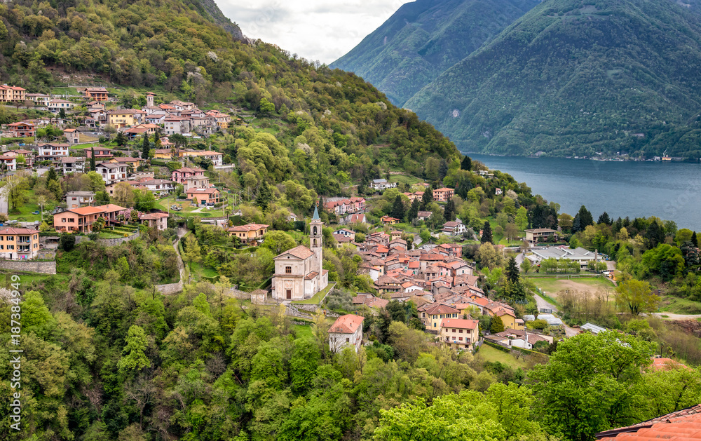 View of Loggio village from Castello Valsolda village, located on Lake Lugano province of Como, Italy